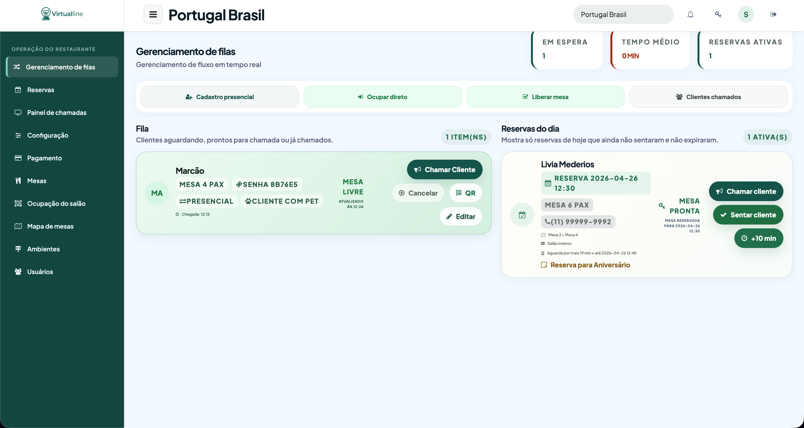 Tela de reservas VirtualLine